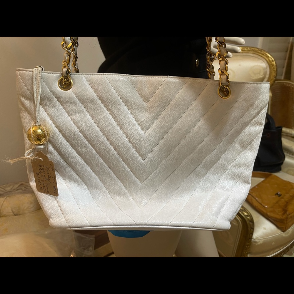 Authentic CHANEL Caviar Chevron White Tote Purse
